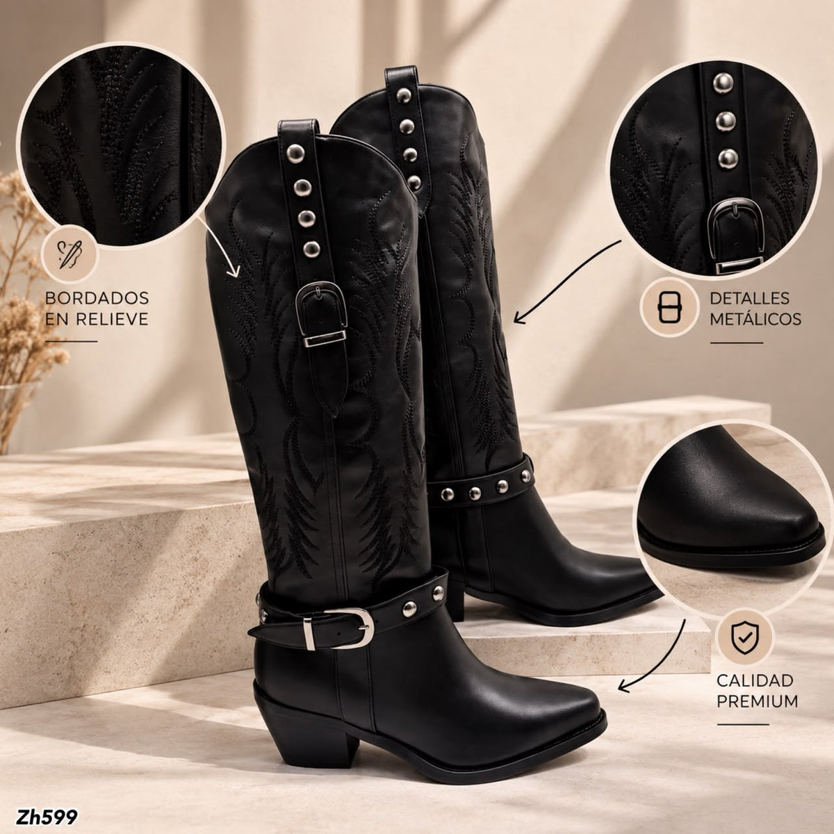 Bota texana negro detalles correa y apliques plomo tacon 6cm HX3168-C1776