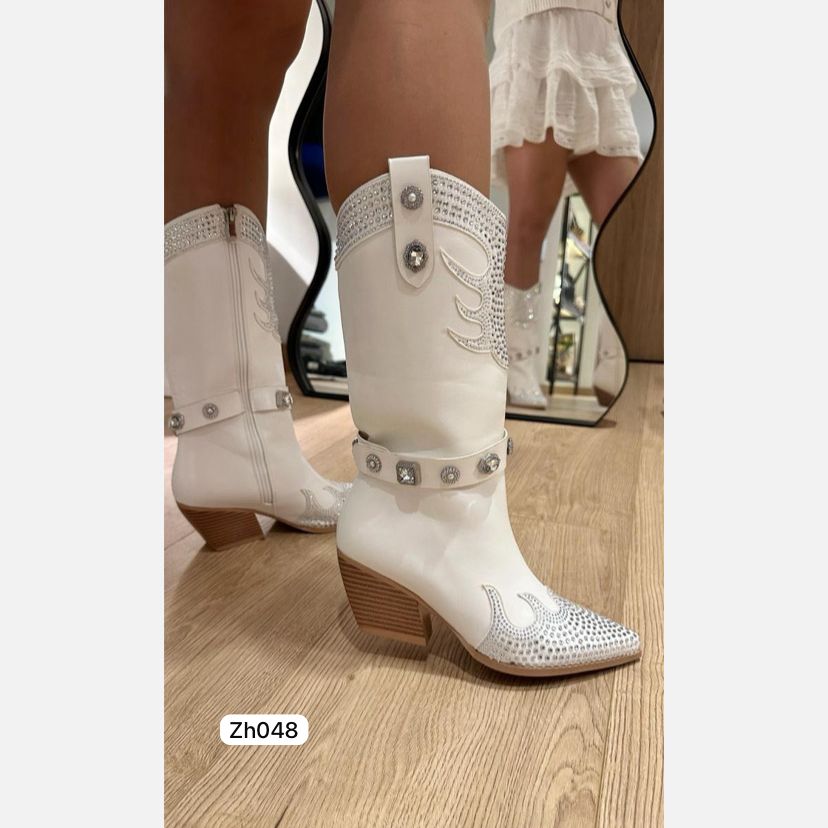 Bota texana blanco apliques plateado brillantes tacon 7cm 255-110