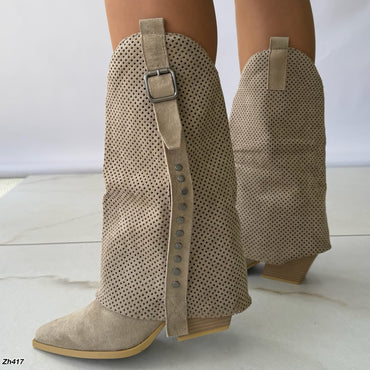 Bota texana beige doblez detalle malla apliques plateado tacon 7cm G715 C-141