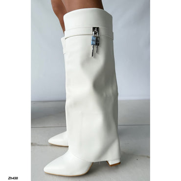 Bota caña alta blanco doblez detalle plateado tacon 10cm HX3079-B9527