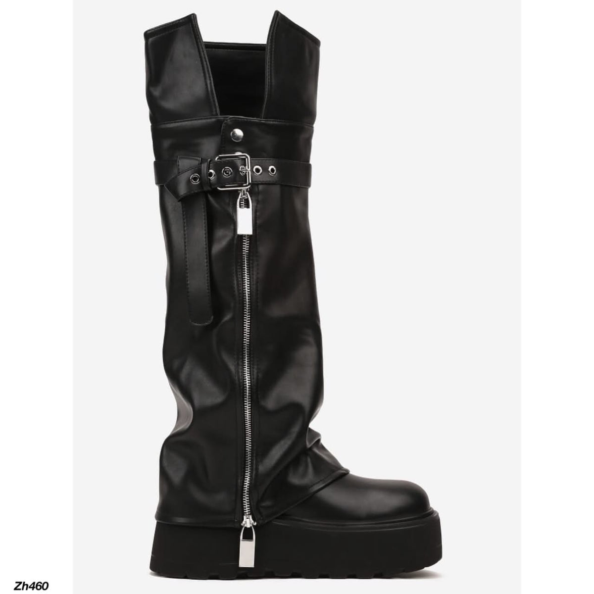 Bota caña alta negro doblez detalle correa y cierre plateado plataforma 8cm K30 C-149