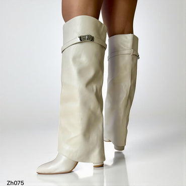 Bota caña alta beige doblez detalle plateado tacon 9cm 255-025