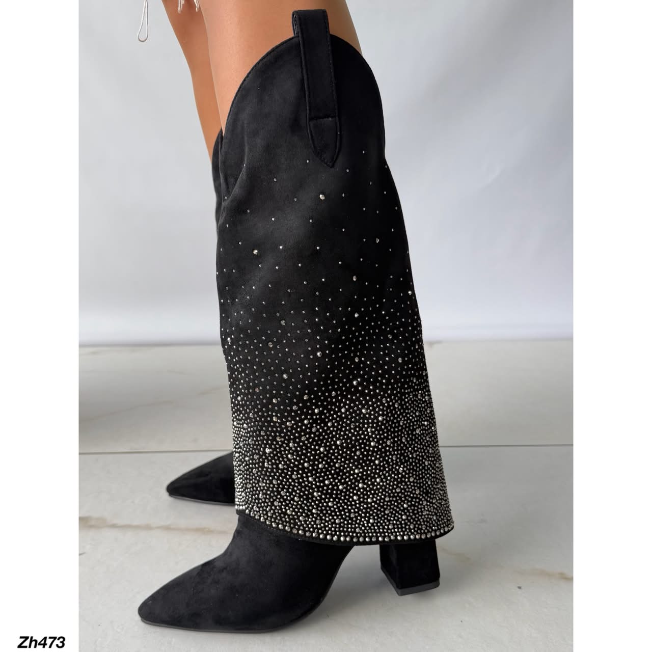 Bota texana negro doblez apliques plateado tacon 10cm HX3079-B0137