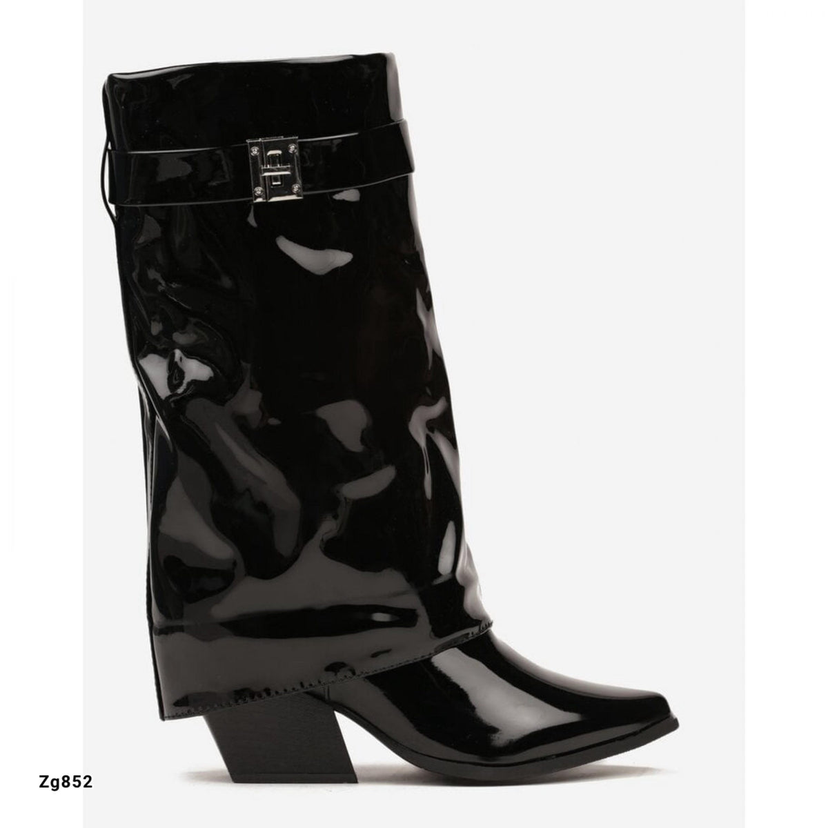 Bota negro charol caña media doblez detalle plateado tacon 7cm 9673A C-4