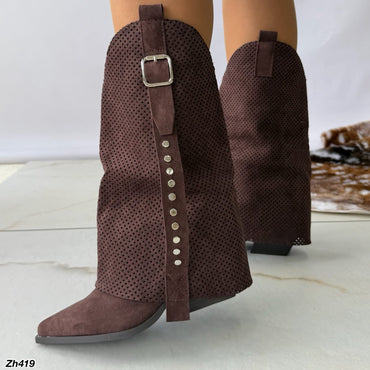 Bota texana café oscuro doblez detalle malla apliques plateado tacon 7cm YY-93 C-141