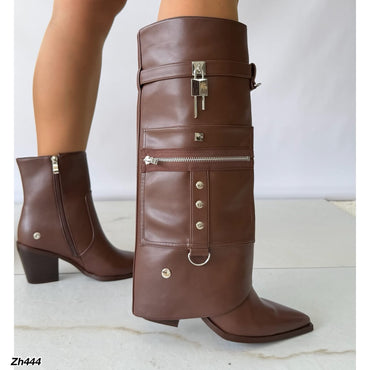 Bota texana café doblez detalle plateado tacon 8cm HX3198-C1680