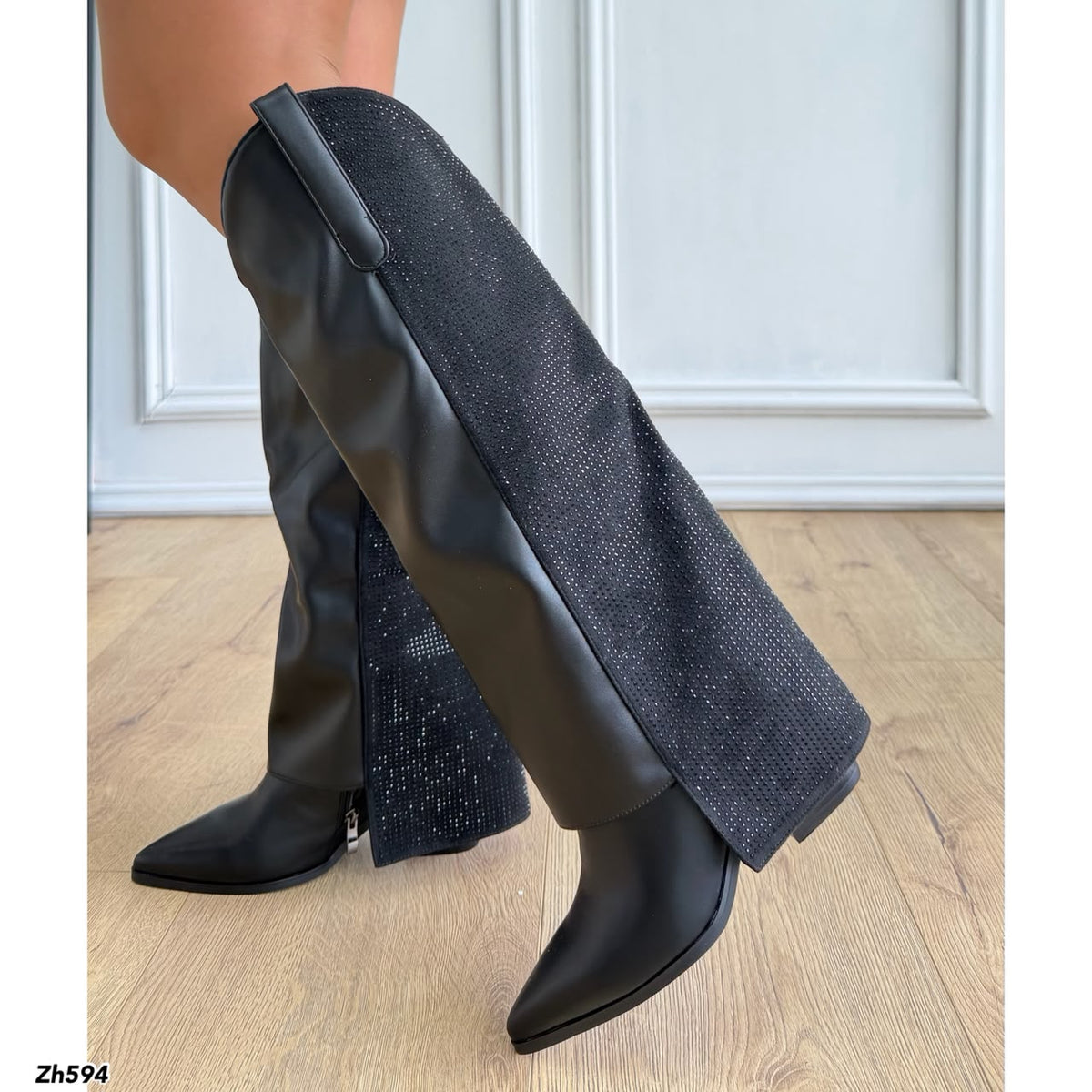 Bota texana negro doblez apliques brillante tacon 8cm HX3191-B0060