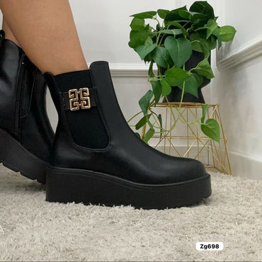 Botin negro aplique dorado resorte suela 5cm B2765-KB C-78