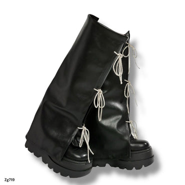 Bota caña alta negro doblez cordon apliques brillantes suela 7cm 52077 C-74