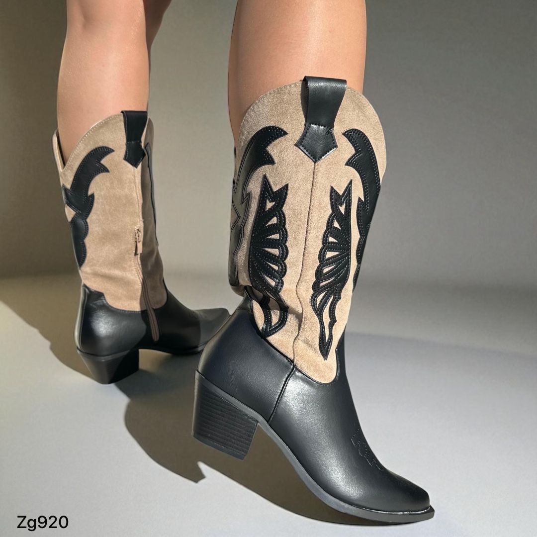 Bota texana negro y beige tacon 5cm A9989 C-20