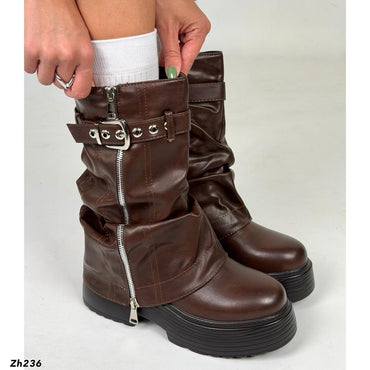 Bota café doblez detalle cierre hebilla plateado suela 5cm YY-73 C-88