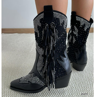 Botin texano negro detalle flecos apliques plateado brillantes tacon 6cm HX3168-C1262