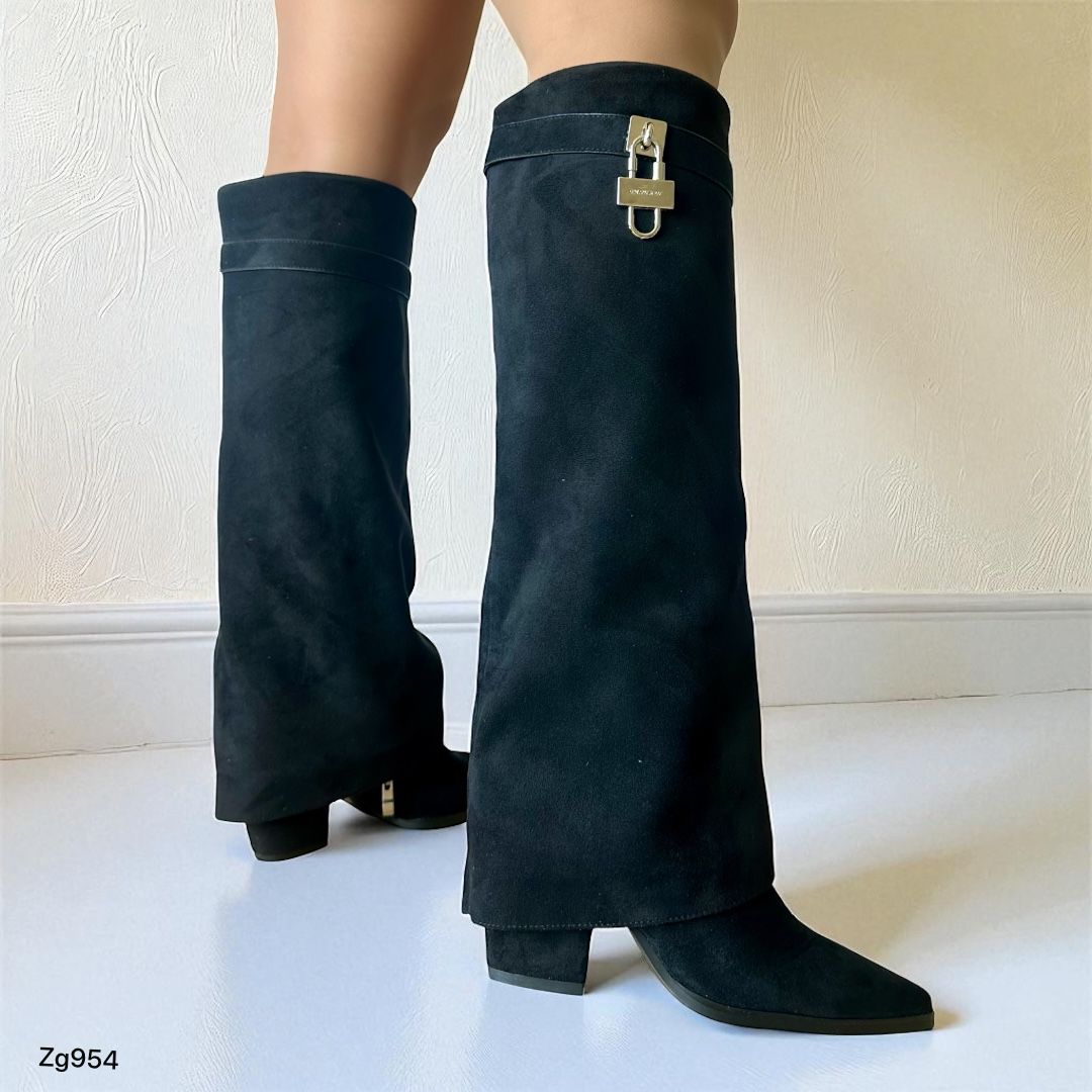 Bota caña alta negro doblez detalle plateado tacon 10cm 225-031