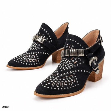 Botin negro apliques plateados correas tacon 7cm YZ19-192 C-64