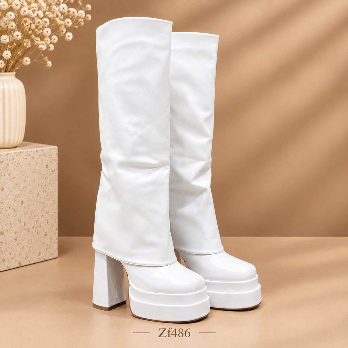 Bota caña alta blanca doblez plataforma 5cm tacon 14cm K6022 C3