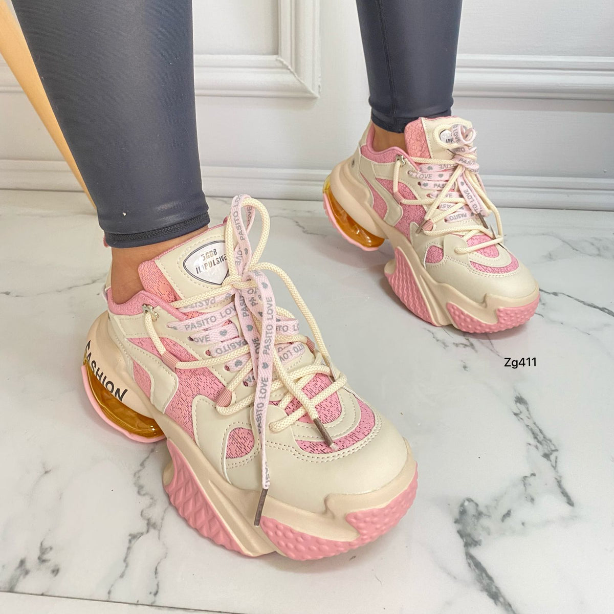 Tenis beige detalles rosado suela 5cm 99915-1 C-2