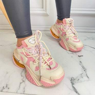 Tenis beige detalles rosado suela 5cm 99915-1 C-2