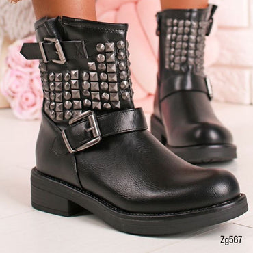Botin negro detalle correa apliques plateado suela 4cm RQ56 C-52
