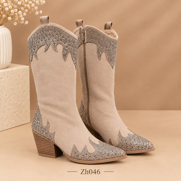 Bota texana beige apliques plateado brillantes tacon 7cm 255-011