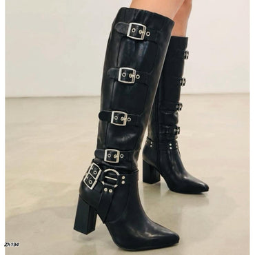 Bota caña alta negro correas y hebilla plateado tacon 8cm HX3158-C1182