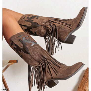 Bota texana café detalle flecos tacon 6cm A9851 C-90