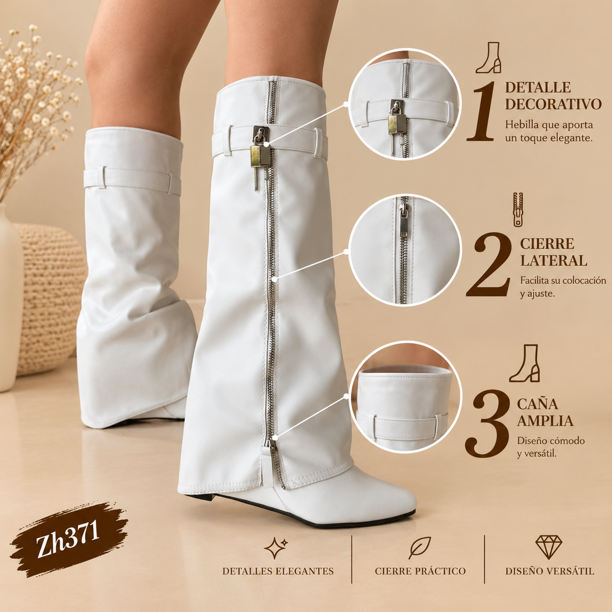 Bota caña alta blanco doblez detalle cierre lateral tacon corrido 8cm G690 C-108