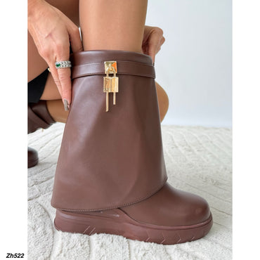 Bota café doblez detalle dorado suela 8cm   HX3090-C1099