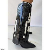 Bota texana negro doblez detalles blanco tacon 8cm  HX3198-C1300A