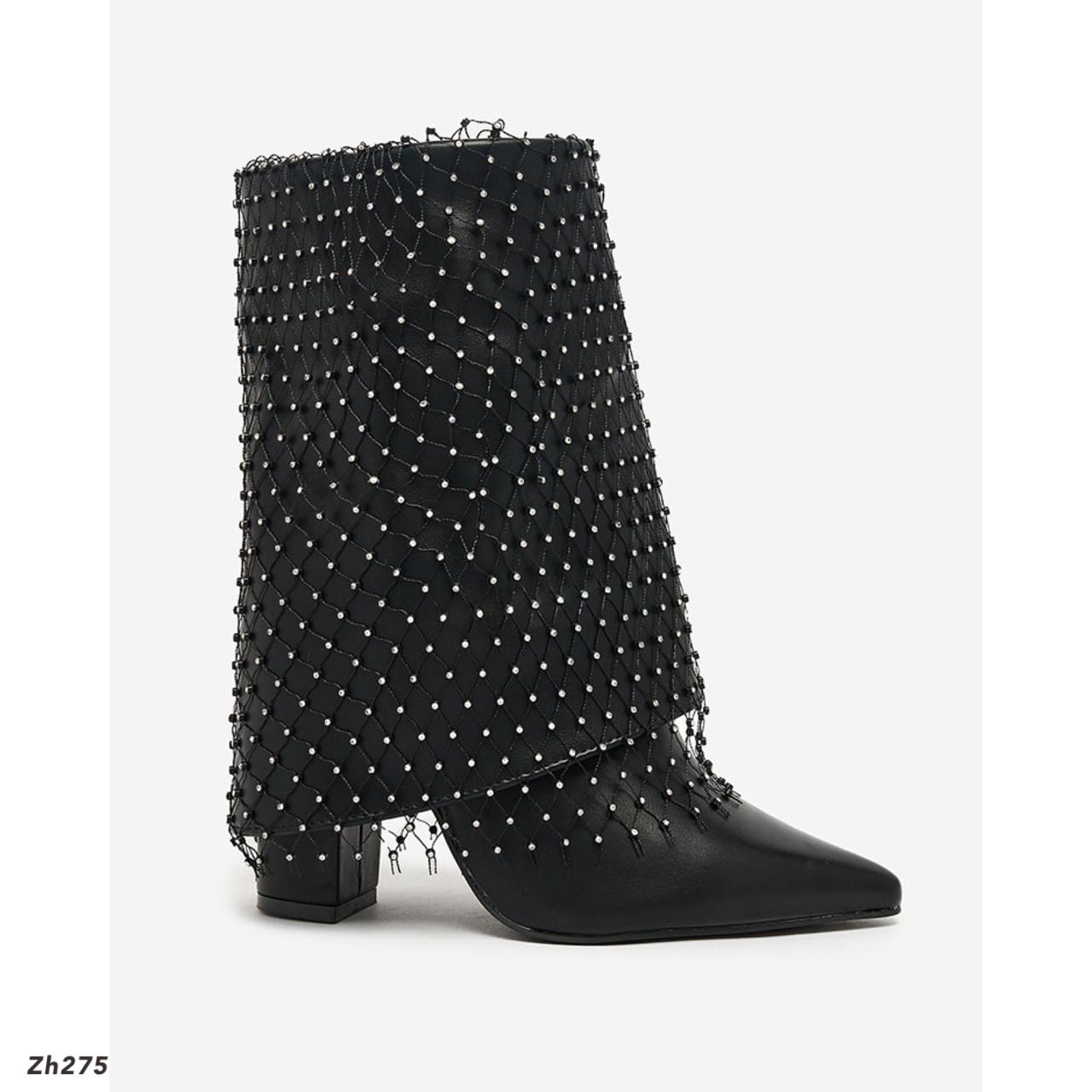 Botin negro doblez malla apliques brillante tacon 9cm   255-022