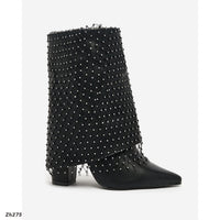 Botin negro doblez malla apliques brillante tacon 9cm   255-022