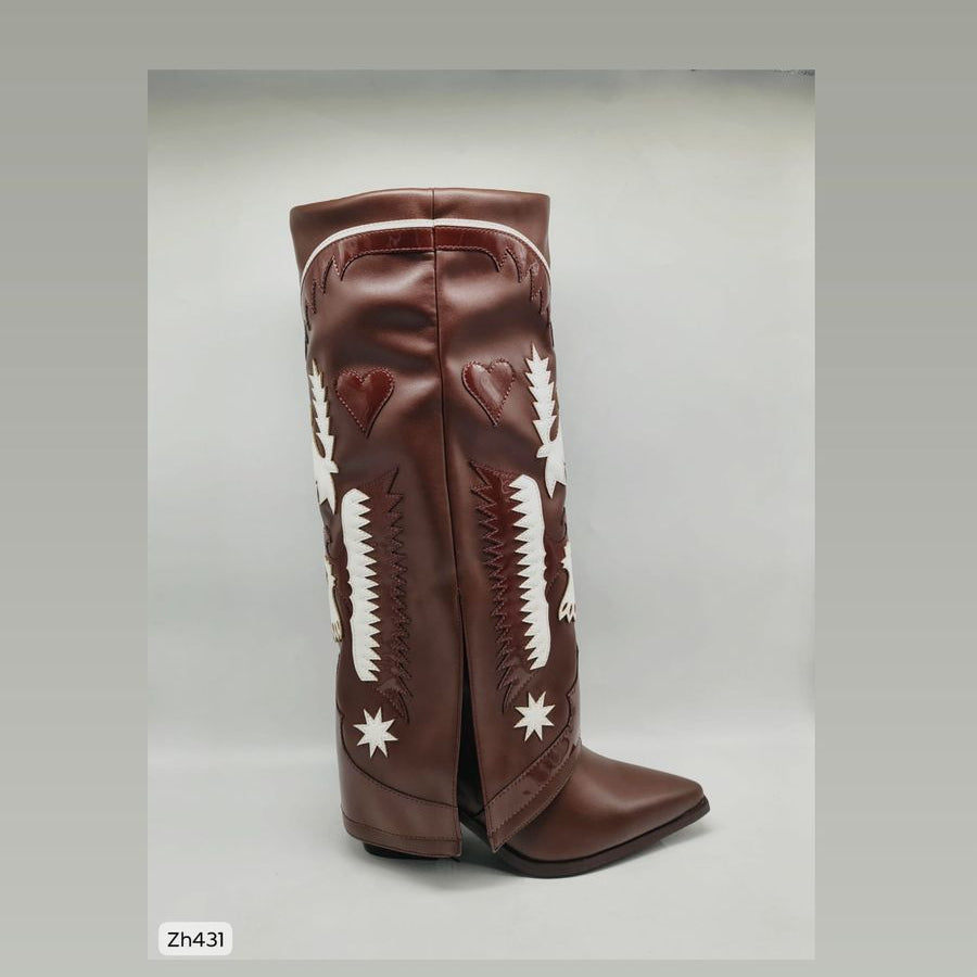 Bota texana cafe doblez detalles blanco tacon 8cm  HX3198-C1300A