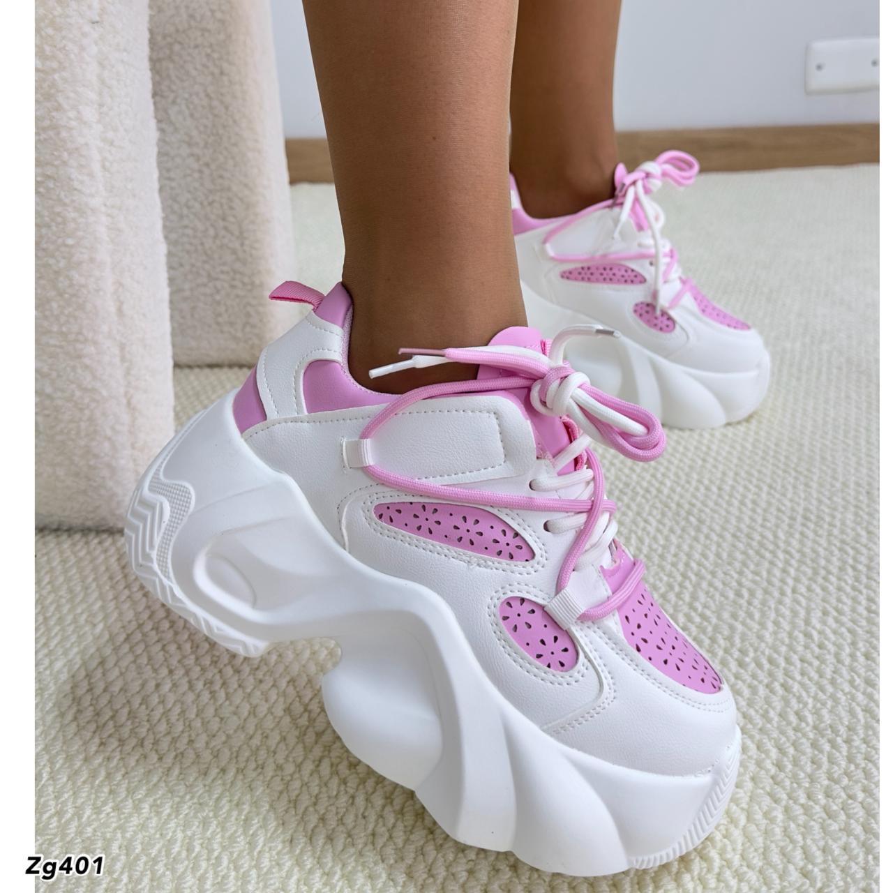 Tenis blanco detalles rosado plataforma 6cm 6908  C-2