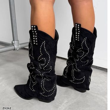 Bota texana negro doblez apliques plateado tacon 8cm  A9982  C-122