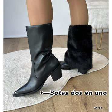 Bota texana negro doblez peludo punta plateado tacon 6cm  255-068