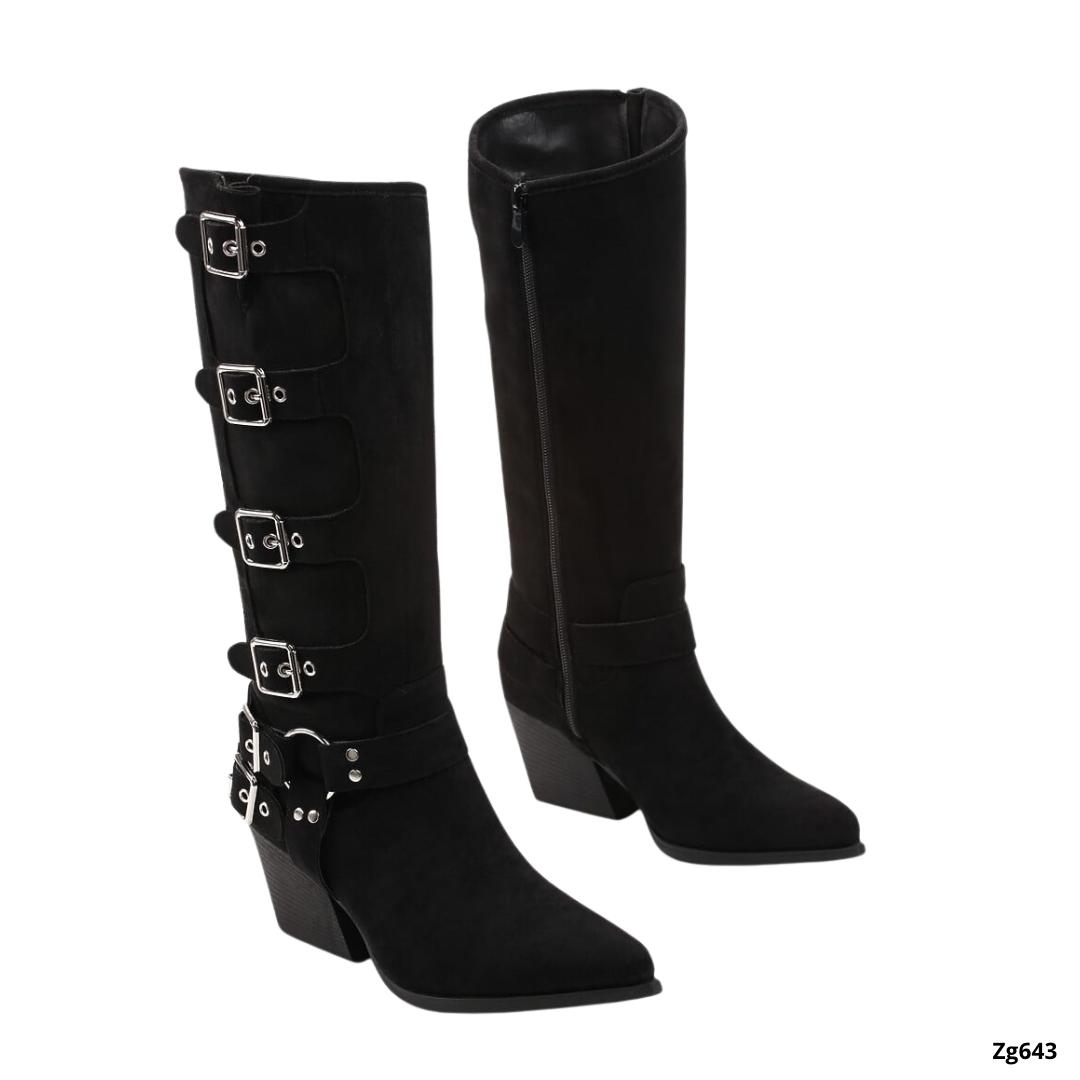 Bota texana negro detalles correas tacon 7cm  RQ6  C-80