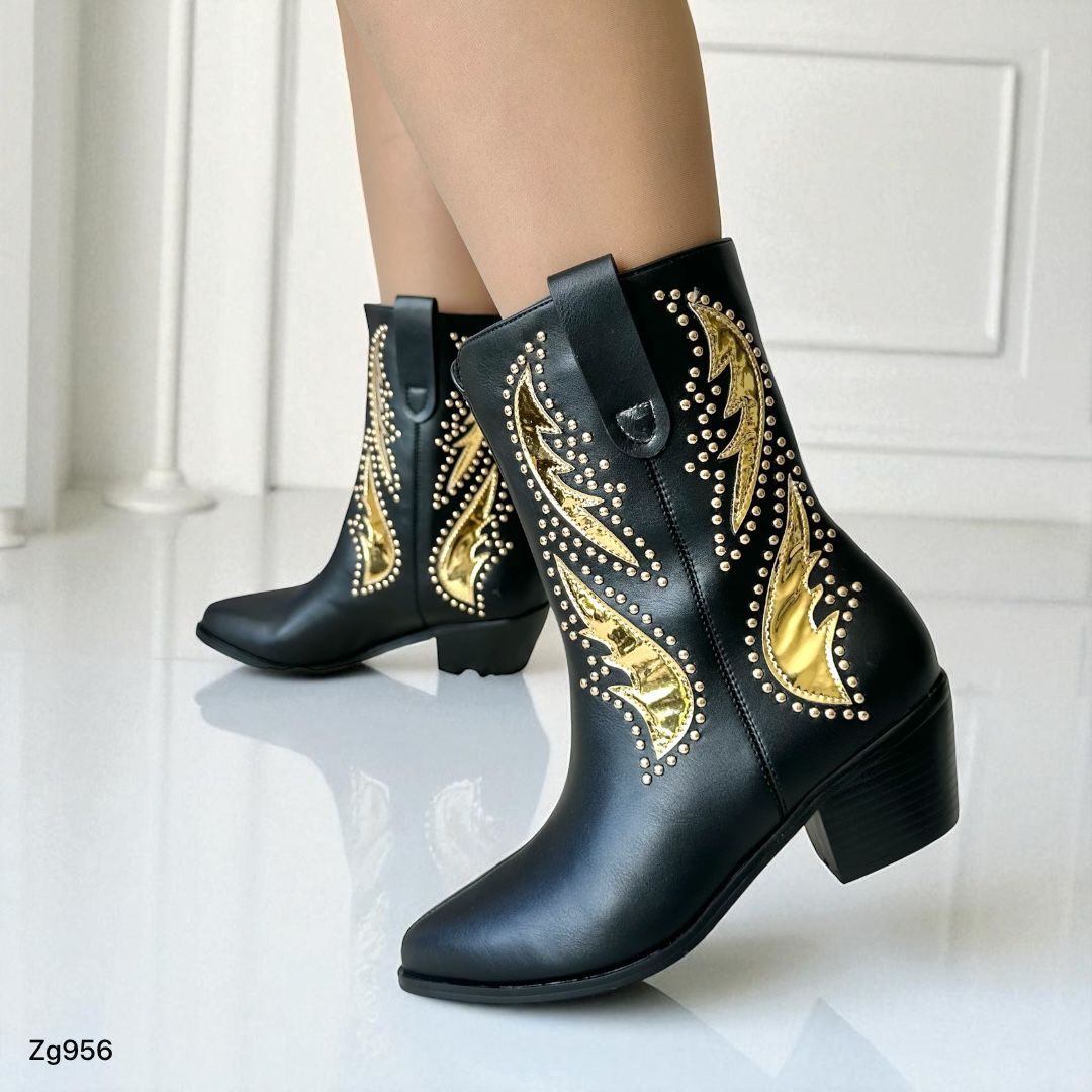 Botin texano negro apliques dorado tacon 5cm  255-023