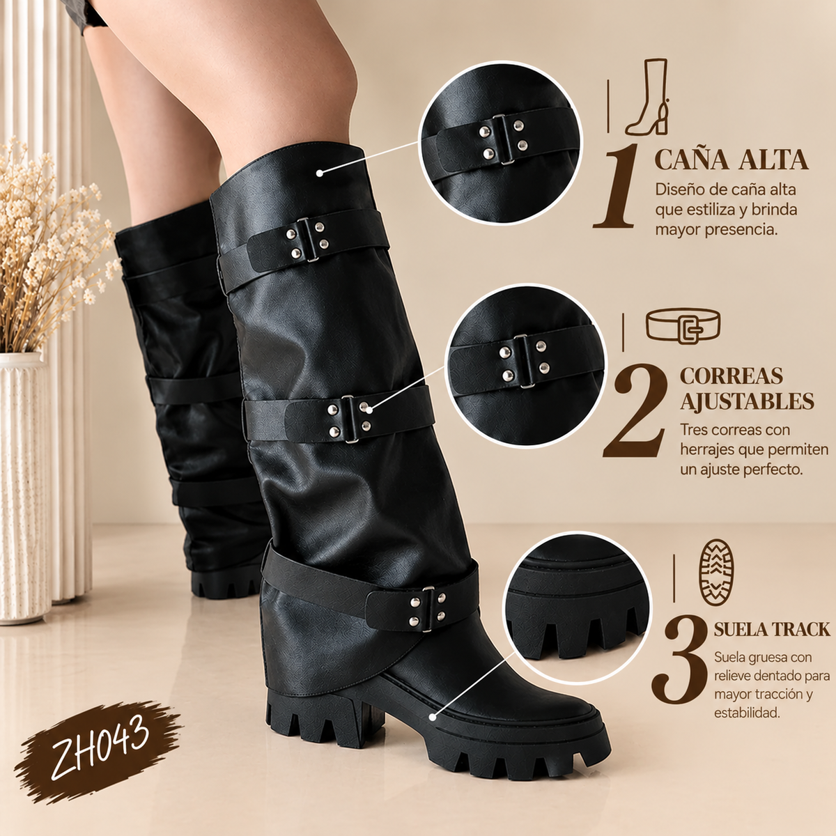 Bota caña alta negro doblez detalle correas suela 6cm   255-113
