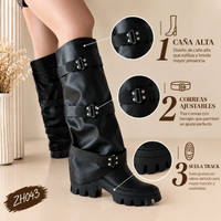 Bota caña alta negro doblez detalle correas suela 6cm   255-113