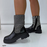 Botin negro apliques plateado brillantes suela 3cm  2023-N51  C-79