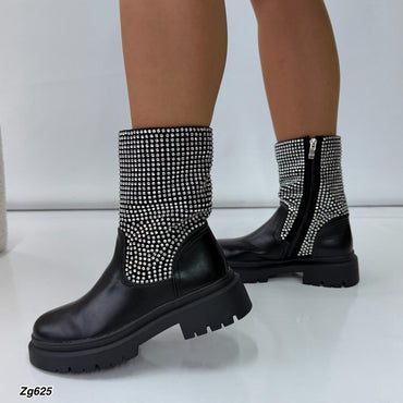 Botin negro apliques plateado brillantes suela 3cm  2023-N51  C-79