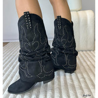 Bota texana negro doblez apliques y taches plateado tacon 6cm  255-074