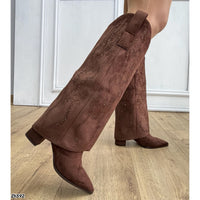 Bota caña alta café doblez apliques brillante tacon 7cm   HX3360-C1783