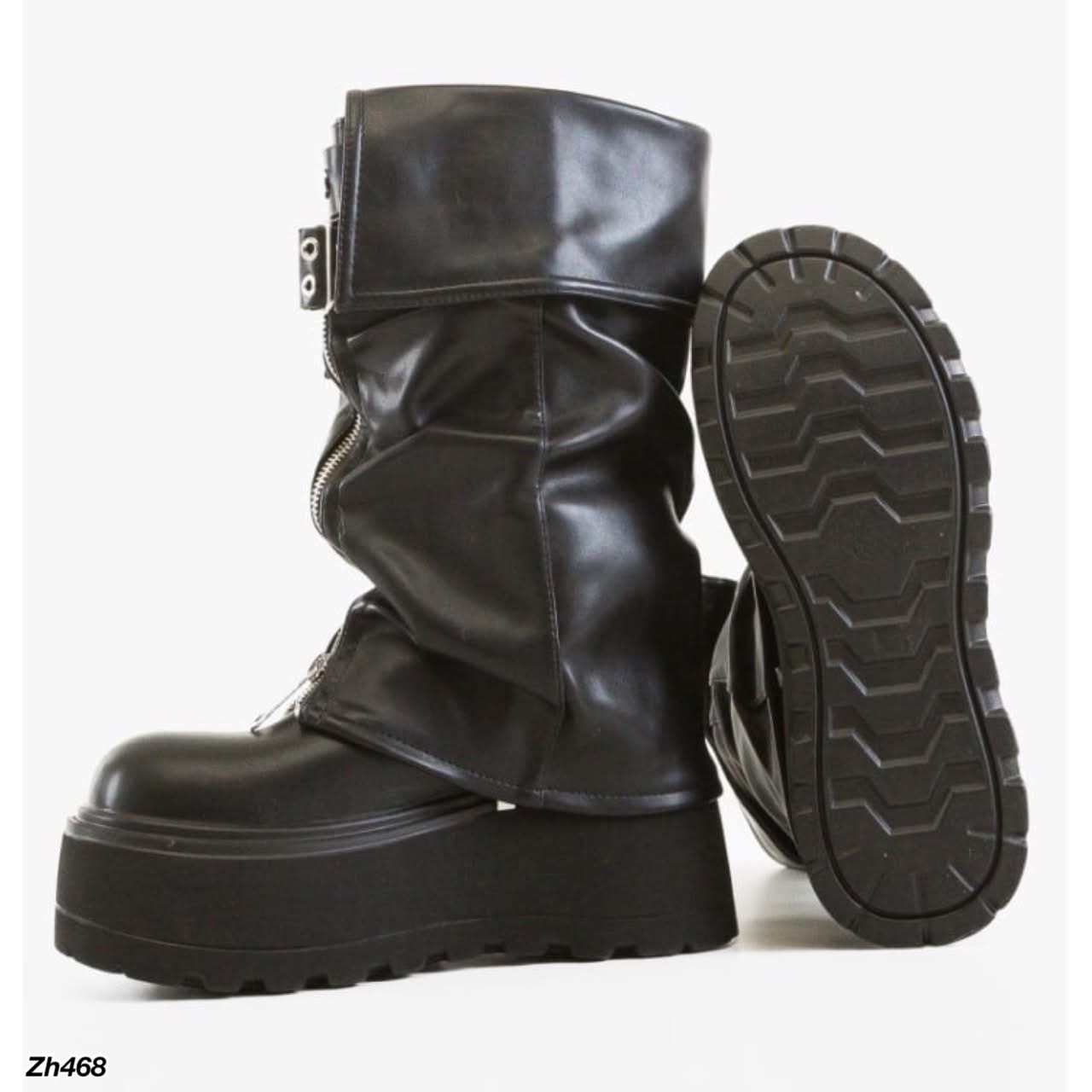 Bota caña media negro doblez detalle correa cierre frontal plataforma 7cm   K50  C-149