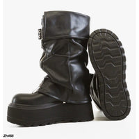 Bota caña media negro doblez detalle correa cierre frontal plataforma 7cm   K50  C-149
