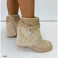 Botin beige doblez apliques dorado brillantes suela 4cm  HX3202-B9663