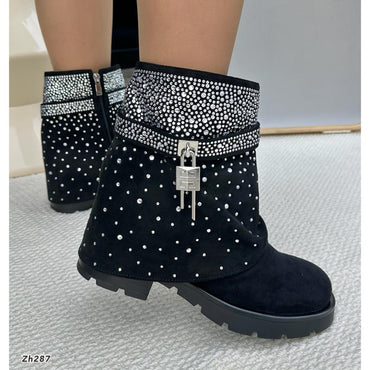 Botin negro doblez apliques plateado brillantes tacon 4cm  HX3202-B9663
