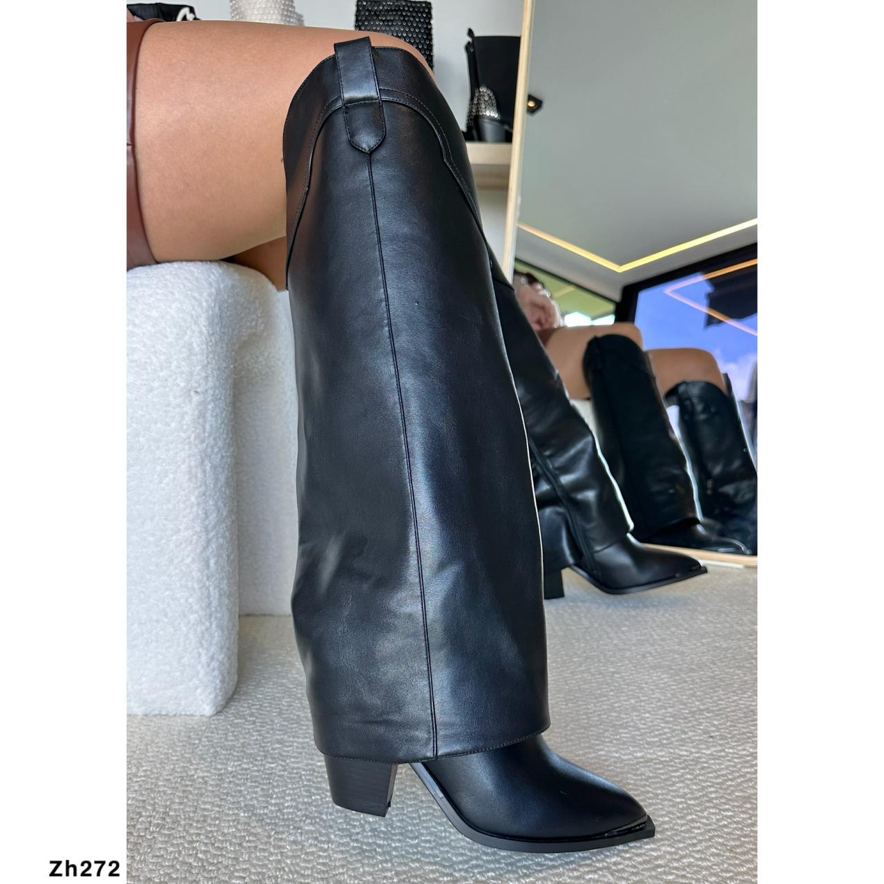 Bota texana negro doblez punta plateado tacon 10cm   255-087