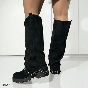 Bota caña alta negro doblez apliques plateado suela 5cm  A9992  C-32