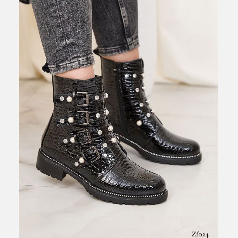 Botin negro aplique perlas textura suela 3cm  FR363   C10
