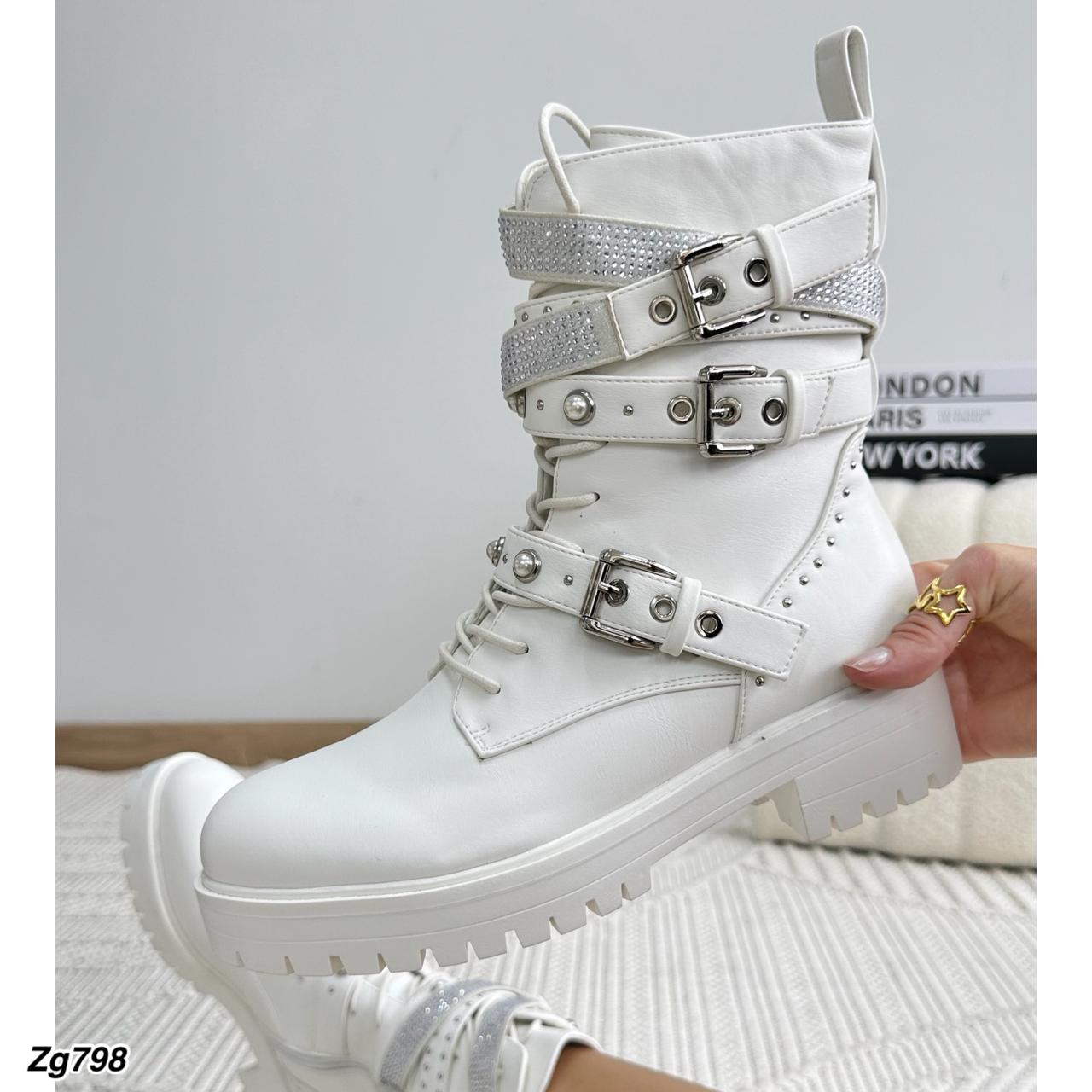 Botin blanco correas apliques plateado brillante suela 4cm  IS14-071